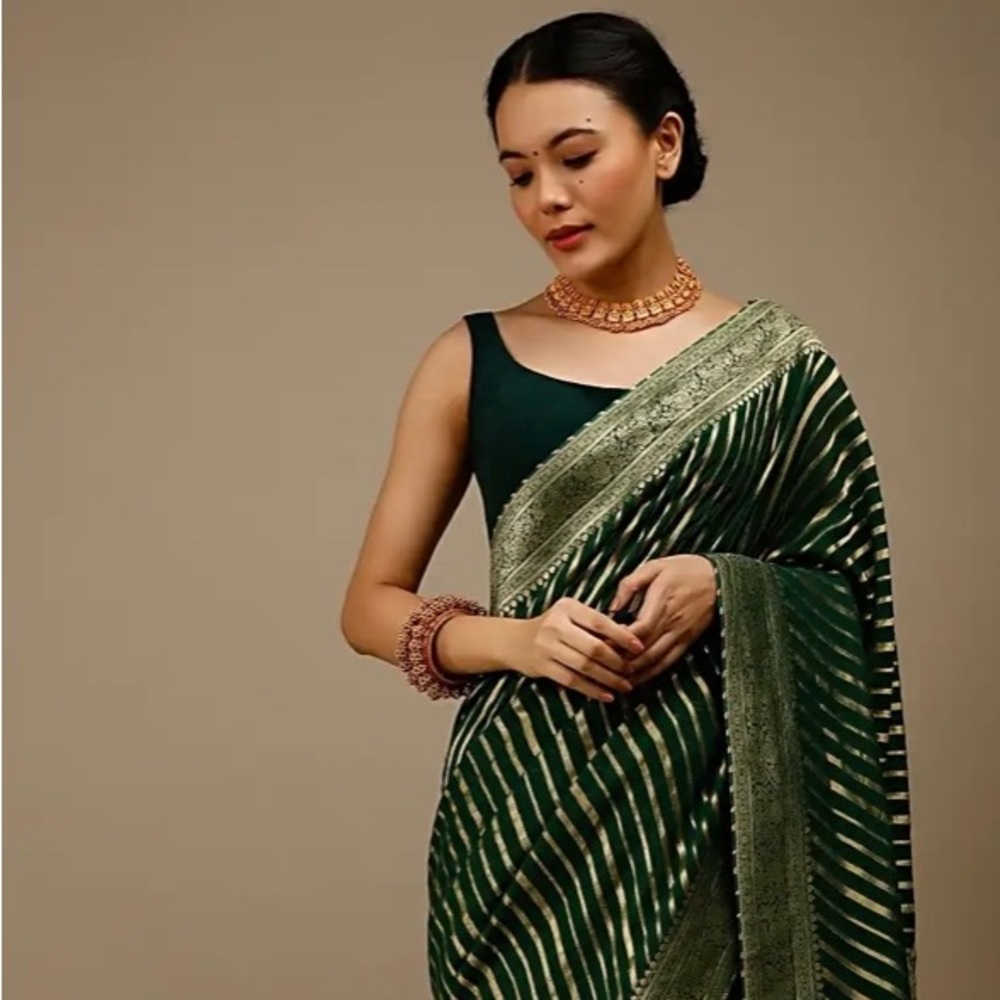 Never Worn Bottle Green Saree W/ Brocade Woven Diagonal Stripes & Floral Border